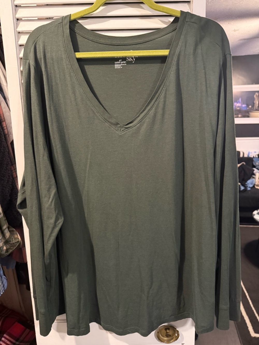 Terra & Sky Dark Green/Gray 4X, (28w-30w)V-Neck Long Sleeve Top